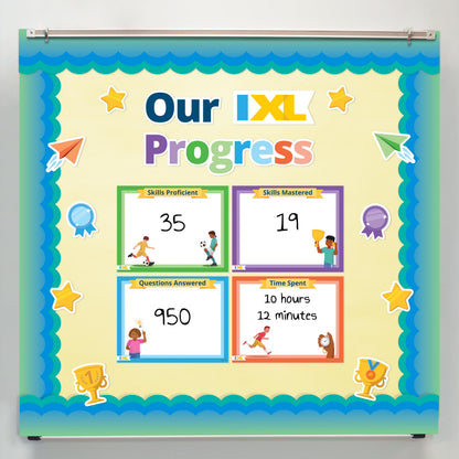 Our IXL Progress 18PC Dry Erase Bulletin Board Set, Header, Write-On Wipe-Off Posters, and Colorful Cardstock Cutouts, Goal Trackers Charts and Teacher Supplies for Classroom Management