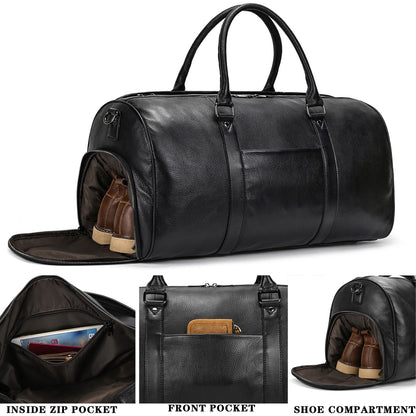 Genuine Leather Travel Duffel Bags for Men and Women Overnight Weekend Leather Bags Sports Gym Duffle, 9428 Black