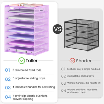 Lavatino 8-Tier Office Desk File Organizer, Letter Tray Paper Organizer with Handle, Including 5 Adjustable Slide Trays for Organizing Desktop Workspace Accessories and Supplies (Purple Metal Mesh)
