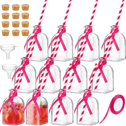 Baderke 12 Pcs Glass Bottles with Cork and Straw 4 oz Mini Empty Glass Bottle for Drinks Reusable Liquor Bottles with Silk Ribbon and Funnels for Cocktail, Wedding Party (Rose Red)