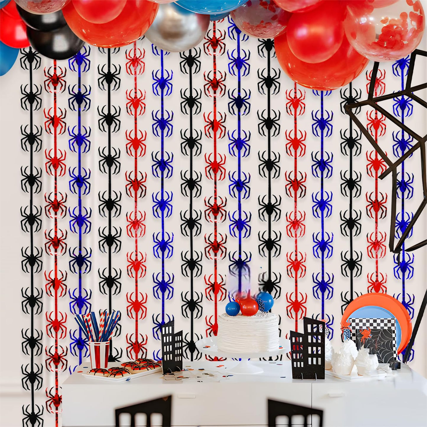 Bupelo Spider Web Birthday Decorations,2 Pack Red Black and Blue Spider Birthday Party Supplies 3.3 x 6.6ft Tinsel Foil Fringe Curtains Photo Booth Props Backdrop Streamers, House Room Decor for Boys