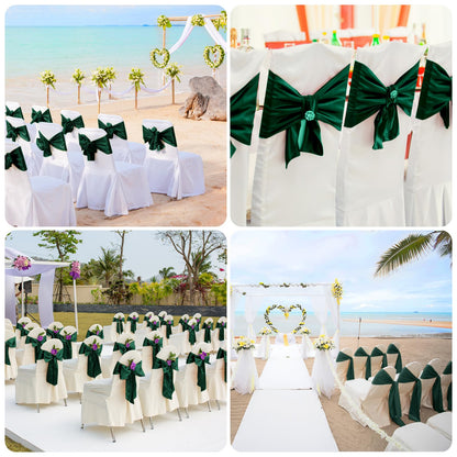 Bouiexye 10 PCS Forest Green Satin Chair Sashes Bows Universal Chair Ribbon Ties Back Sash for Wedding Party Reception Events Banquets Hotel Event Chair Cover Decoration (7x108 inch)