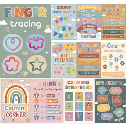 12Pcs Calming Corner Posters for Classroom Calm Down Boho Emotions Feeling Poster for Kids Inspirational Back to School Wall Decor Motivational Mental Health Posters for Office Home Teacher Supplies