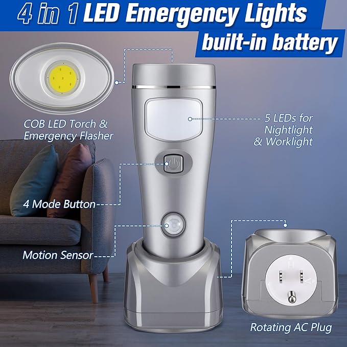 Enhon 9 Pack 4 in 1 LED Emergency Lights for Home Power Failure, Rechargeable Plug in Flashlight Motion Sensor Night Light, Automatic Turn On Power Outage Light for Home Hurricane Supplies (Silver)