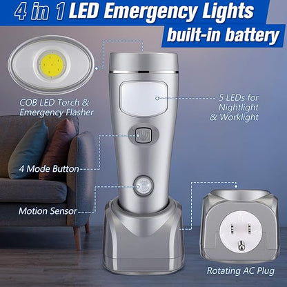 Enhon 9 Pack 4 in 1 LED Emergency Lights for Home Power Failure, Rechargeable Plug in Flashlight Motion Sensor Night Light, Automatic Turn On Power Outage Light for Home Hurricane Supplies (Silver)