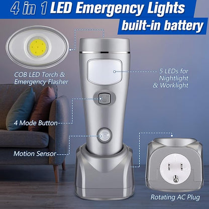 Enhon 2 Pack 4 in 1 LED Emergency Lights for Home Power Failure, Rechargeable Plug in Flashlight Motion Sensor Night Light, Automatic Turn On Power Outage Light for Home Hurricane Supplies (Silver)