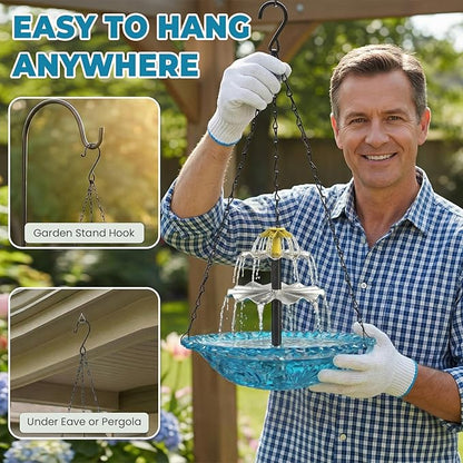 Solar Fountain for Bird Bath, Hanging Cascade Water Feature for Outdoor Garden & Yard Decor, Creates a Relaxing Flow that Attracts Birds (Blue)