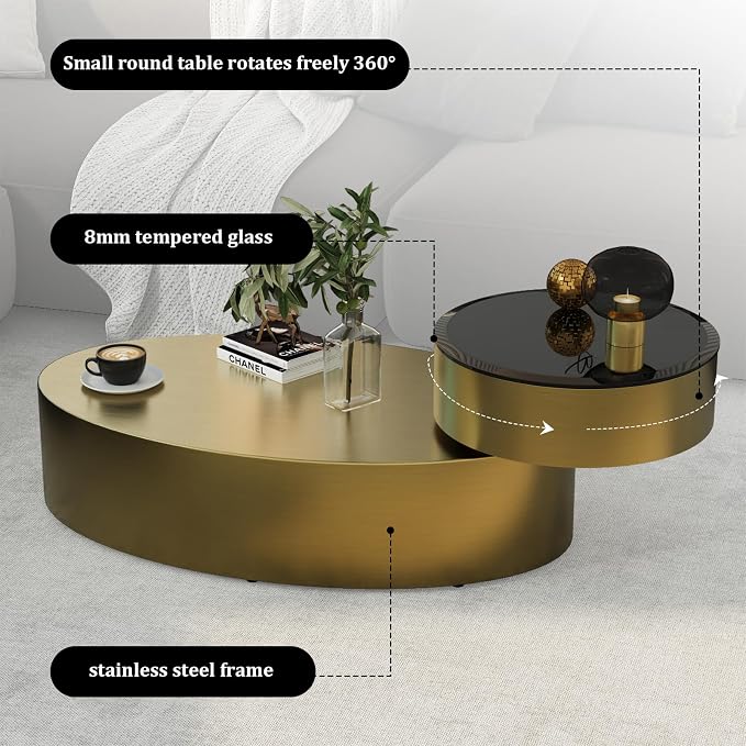 Oval Rotating Coffee Table with Tempered Glass Top, 2-Tier Design & 360° Swivel Base, Brushed Gold Finish - Modern Center Table for Living Room, Office, Apartment
