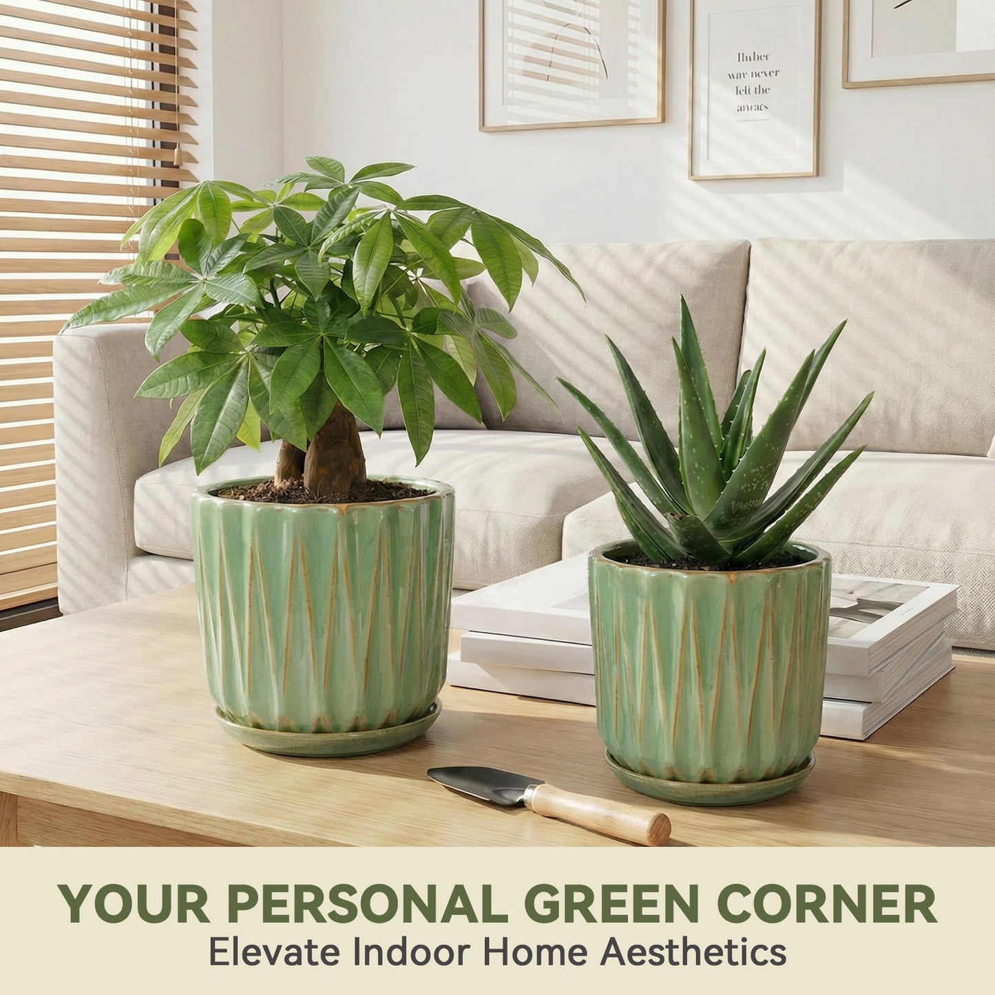 TOSELBAI 10 Inch Ceramic Planter Pot with Saucer Drainage Leak-Proof Mesh,Flower Pots for Indoor Plants with Gardening Gloves,Ceramic Planter(Light Green)
