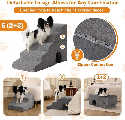 Dog Stairs for Bed 23’’ H, 5-Step Dog Steps for High Bed, Foldable Pet Stairs for Small Dogs and Cats to Get on Beds, Couch, Non-Slip Balanced Pet Steps and Ramp with Waterproof Cover, Grey