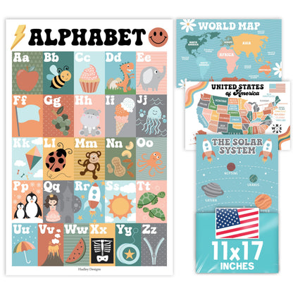 Hadley Designs 4 Alphabet, Map of United States, World Map, & Solar System Posters - Laminated ABC Charts for Toddlers Wall Decor, Retro Posters for Kindergarten, Prek Classroom or Homeschool 11x17