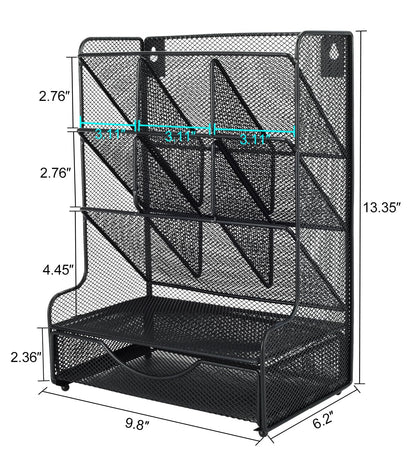 PAG Desk Organizer with Drawer Office Supplies and Accessories Storage Caddy Hanging Wall Shelf Metal Mesh Pencil Holder for Kids, 9 Compartments, Black