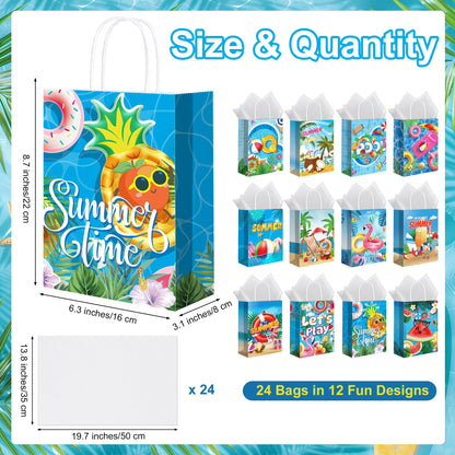 MIMIND Summer Beach Party Paper Bags with Tissue Paper 48 Pack Pool Kraft Goodie Candy Gift Treat Bags with Handles for Summer Luau Tropical Beach Party Favors Supplies