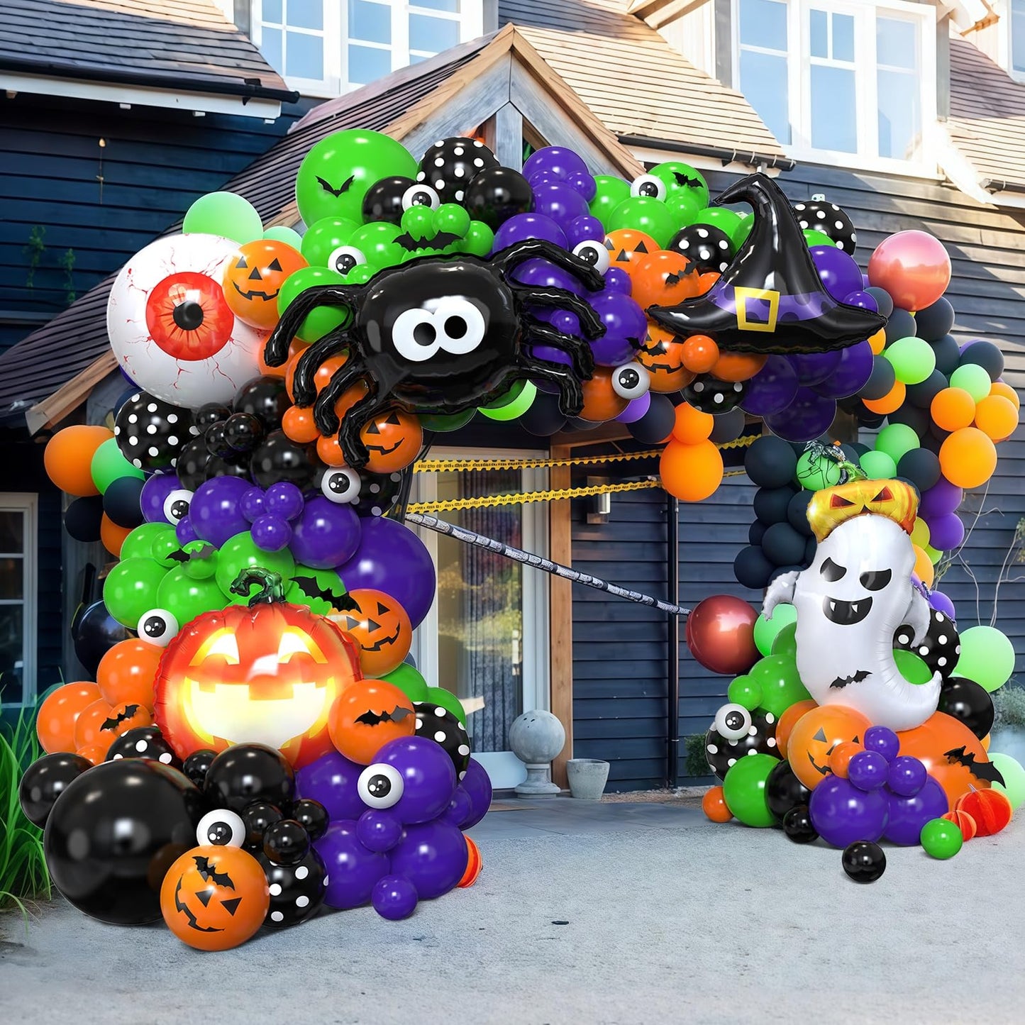 Halloween Balloon Arch Kit,137Pcs Orange Black Green Purple Balloon Garland with 3D Bat Stickers,Pumpkin,Witch Hat,Spider,Ghost,Eyeball Foil Balloons for Halloween Spooky Birthday Party Decorations
