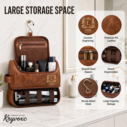 VBAIFAyy Personalized Leather Toiletry Bag for Men, Custom Engraved Hanging Dopp Kit with Name, Waterproof Travel Shaving Organizer, Durable Multi-Pocket Gift for Dad Husband Uncle Groomsmen Christmas