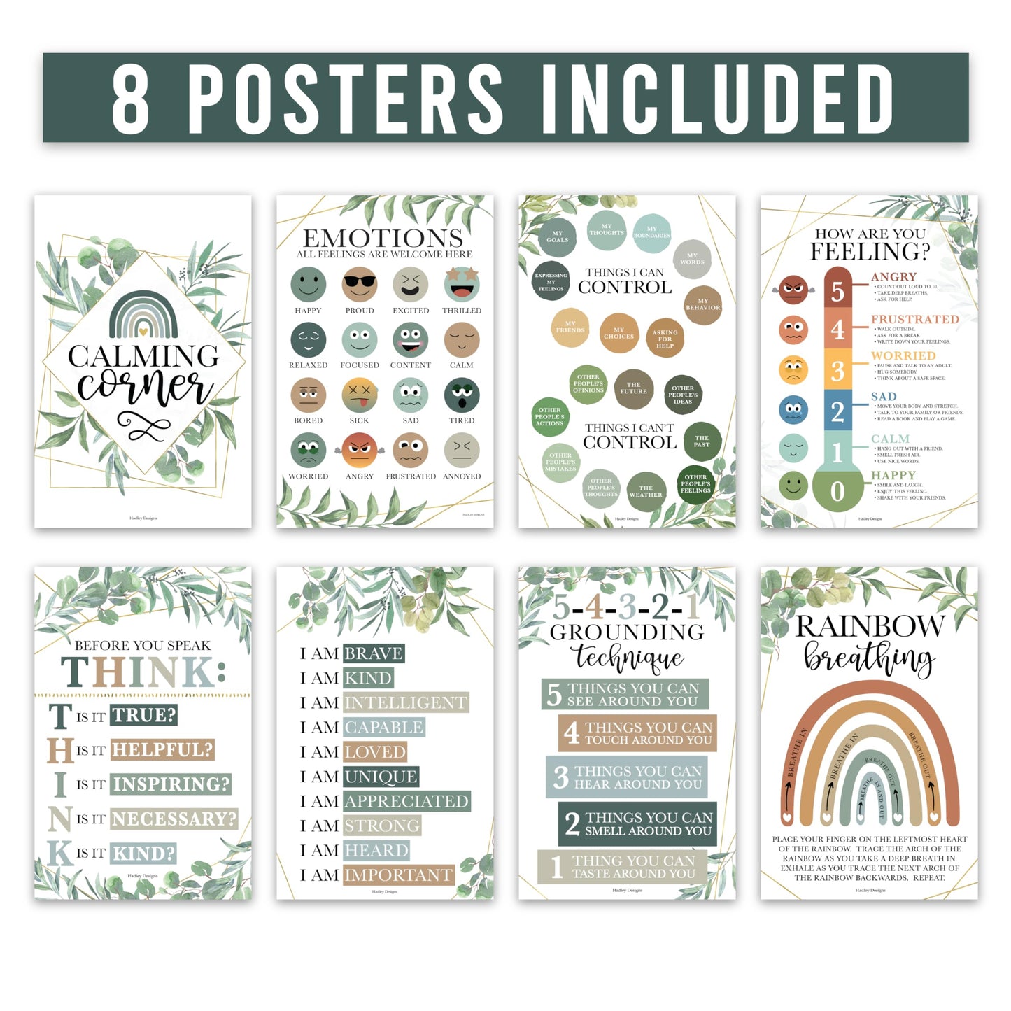 Hadley Designs 8 Calming Corner Posters for Classroom Must Haves -Calm Down Corner Supplies with Emotions Chart,School Counselor Mental Health Poster, Feelings Chart For Kids, Greenery Classroom Decor