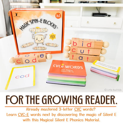 LITTLE BUD KIDS Magic Spin-E Blocks - A Silent E Phonics Toy & Montessori CVCe Reading Blocks for Kids Ages 4–7