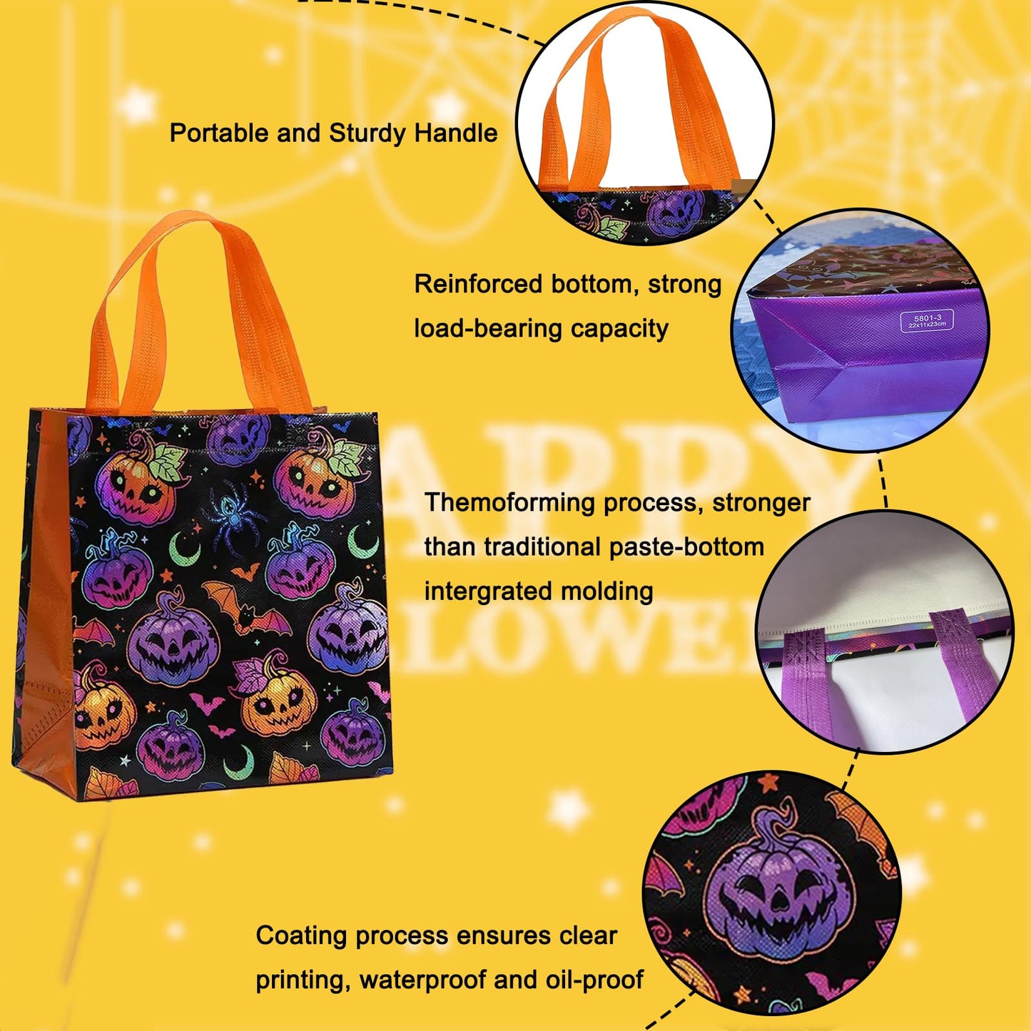 12Pcs Halloween Treat Bags, Medium Halloween Tote Gift Bags with Handles, Reusable Non-woven Bag for Candy Goodies Cookies Snacks, Trick-or-Treat or Horror-themed Party Favors Supplies(8.66 x 4.33 x 9.06 in)
