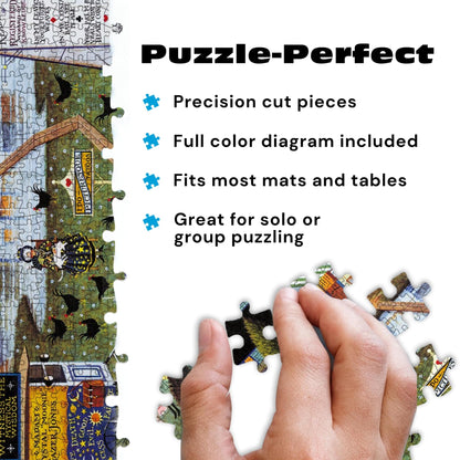 Buffalo Games Charles Wysocki - Know It All - 1000 Piece Jigsaw Puzzle - 26.75 x 19.75 in, Poster Included - 1000 Piece Puzzle for Adults - Folk Art Village Scene - Recycled Board