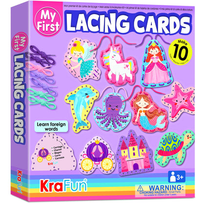 KRAFUN My First Lacing Cards Kit for Girls Age 3+, 10 Princess Unicorn Mermaid Arts & Crafts Projects, Fine Motor Skills Toys with Castle Fairy Crown Seahorse Starfish