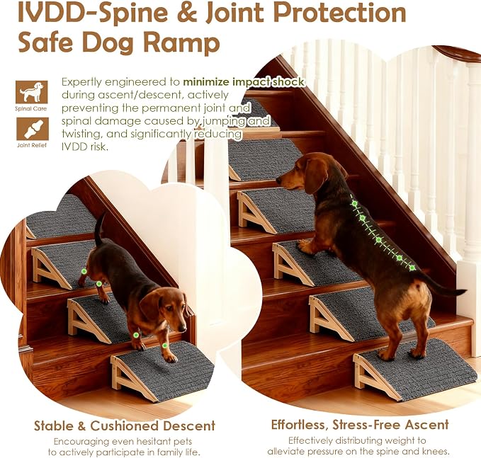 Wood Dog Ramp Stairs for Outdoor, Low Angle Dog Ramp for Stairs | 4.2"H, 2 Pack, ups to 170lbs, Premium Solid Wood, Anti-Slip Carpet Surface, Dog Stairs for Small Dogs, Footrest & Stretcher