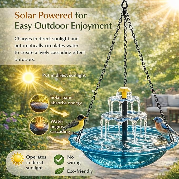 Solar Powered Hanging Bird Bath, Vibrant Blue Multi-Tier Waterfall Fountain for Outside, Easy to Hang Bird Oasis for Garden Decoration, Balcony, for Bird Lovers (Red)