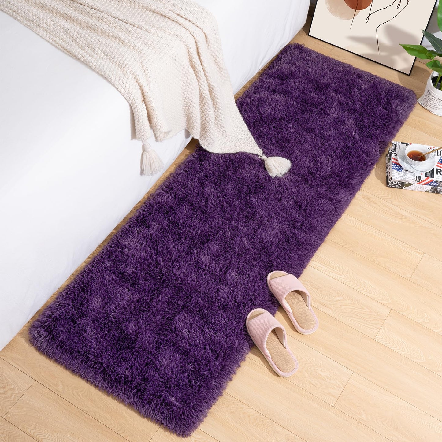 Przemy Fluffy Runner Rug for Bedroom Living Room, 2x6 Feet Dark Purple Shag Area Rugs, Soft Fuzzy Carpet for Bedside Nursery Kids Room College Dorm, Plush Throw Rug for Home Decor