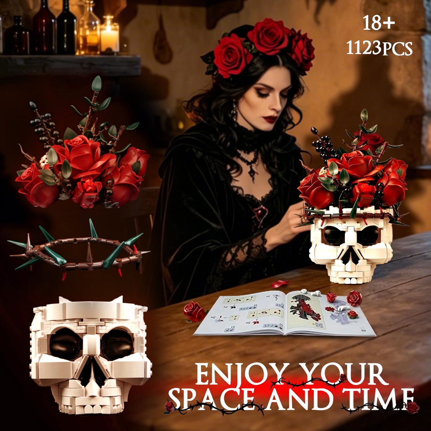 HUNKING Gothic Skull Roses Flower Bouquet Building Set, Botanical Skeleton Pot Collection Building Blocks for Adults, Horror Plants Flower Table Home Decor, Goth Gift for Valentine Mother's Day