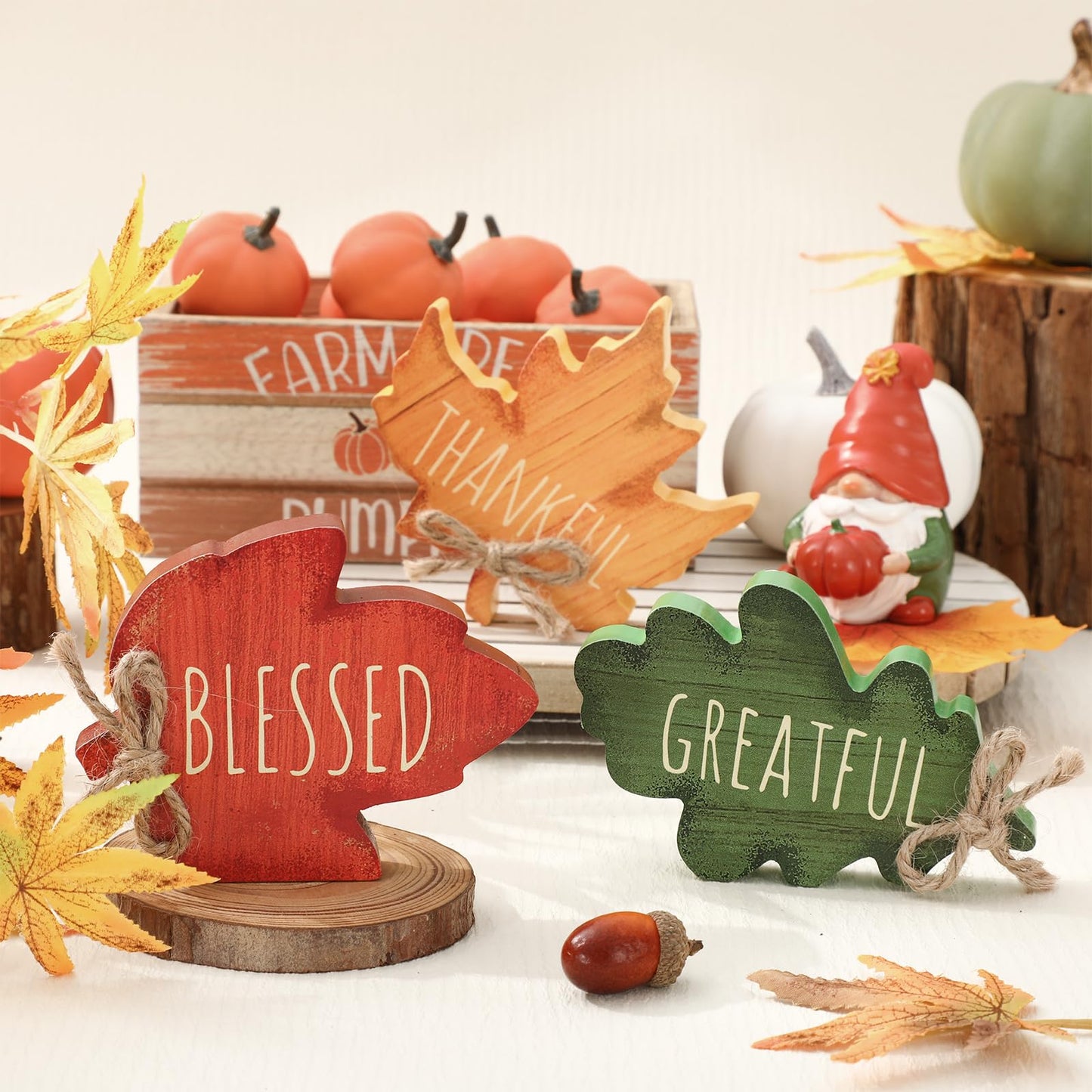 FYSUIMU 3 Pcs Fall Leaves Wood Table Sign Maple Leaf Thankful Tiered Tray Decor Thanksgiving Table Centerpieces Blessed Grateful Wooden Blocks for Autumn Home School Office Desk Decor