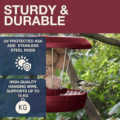 SWISSINNO Bird Feeders - No Mess Fat Ball/Suet Feeder for Outdoors Hanging - Smart Birds Lucerne Spill Proof Wild Cardinal Bird Feeder with Integrated Seed Catcher Tray - Burgundy