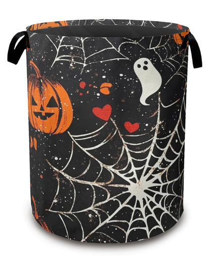 Halloween Laundry Basket Pumpkin Collapsible Hamper with Handles, Bat Spider Web Waterproof Oxford Storage Bin for Bathroom Bedroom Nursery Home Halloween Decor 16"x20"