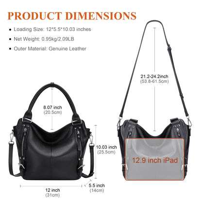 Over Earth Genuine Leather Handbags for Women Hobo Shoulder Bags Ladies Tote Bag(O172E Black)