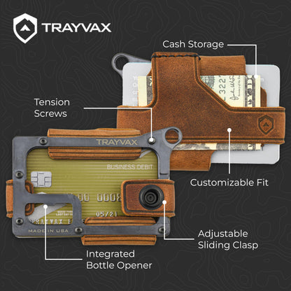 Trayvax Contour Wallet, RFID Front Pocket Money and Credit Card Holder, Minimalist Slim Leather Metal Wallet for Men and Women, Black Tobacco Brown