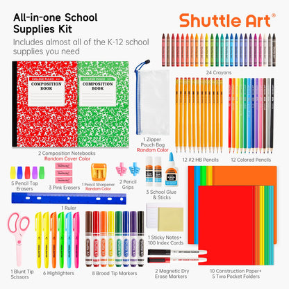Shuttle Art 102 PCS Back to School Supplies Kit, School Supply Box for Grades K-5, School Supplies for Kids and Students, Including Pencils, Pens, Markers, Erasers, Notebooks, Folders and More