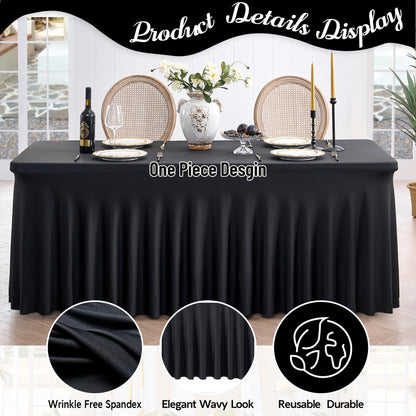 Outpain Wrinkle Free Spandex Tablecloth for 6 Foot Rectangle Tables, 8 Pack Black Fitted Table Cloths 6ft Stretchy Banquet Table Clothes Cover Desk Skirt for Birthday Wedding Parties Baby Shower