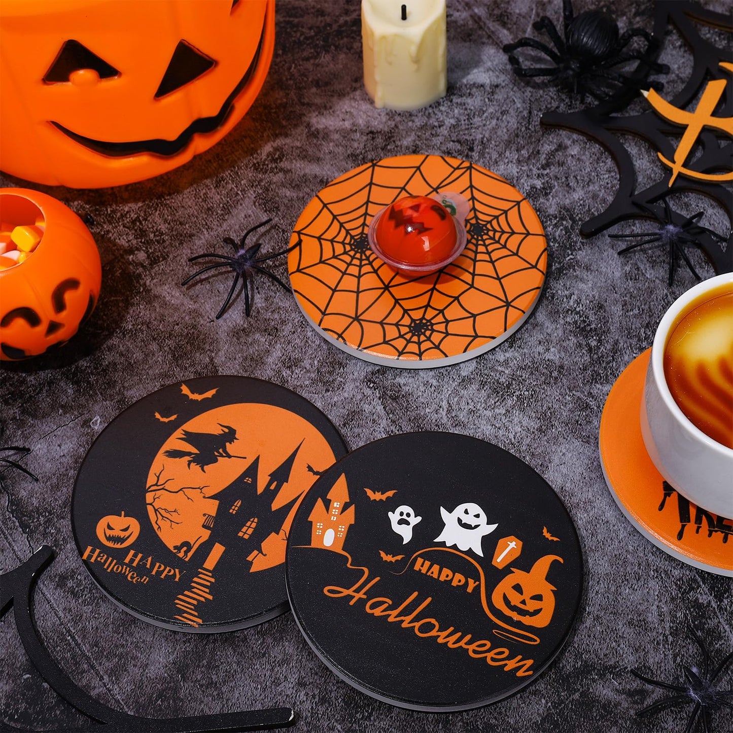 JarThenaAMCS 4Pcs Halloween Coasters Orange Black Round Ceramic Coaster Trick or Treat Heat-Resistant Cup Mats for Wooden Table Protection Home Party Supplies