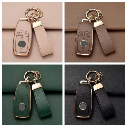 Axtrulix Key Fob Cover for Mercedes Benz with Key Chain, Upper Leather + Soft TPU Key Cover Case Shell for Mercedes C E S GLC CLE EQE EQS 300 350 450 500 560 580 AMG (Brown)