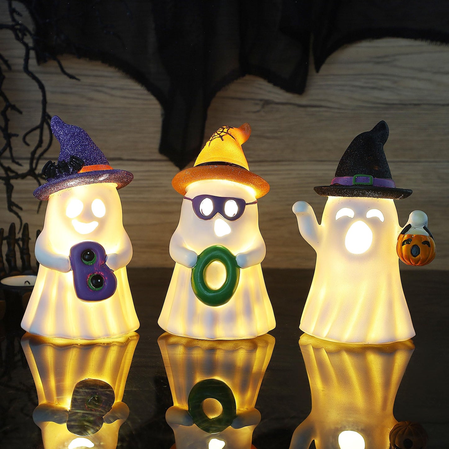 Lulu Home 3 Packs Halloween Tabletop Ornaments, 5.5" H Light Up Resin Ghosts Wearing Glittered Witch Hats, Boo Ghost Figurines for Indoor Fireplace Kitchen Shelf Holiday Decorations