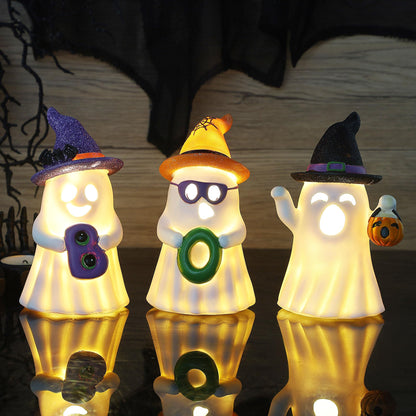 Lulu Home 3 Packs Halloween Tabletop Ornaments, 5.5" H Light Up Resin Ghosts Wearing Glittered Witch Hats, Boo Ghost Figurines for Indoor Fireplace Kitchen Shelf Holiday Decorations