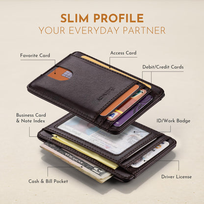 Buffway Slim Minimalist Front Pocket RFID Blocking Leather Wallets for Men and Women - Pebble Brown