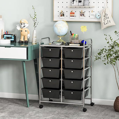 Giantex 10 Drawers Rolling Cart, Classroom Organizers, Storage Cart with Wheels, for Teacher Office Home School Supplies Tool Craft Art Paper, Black
