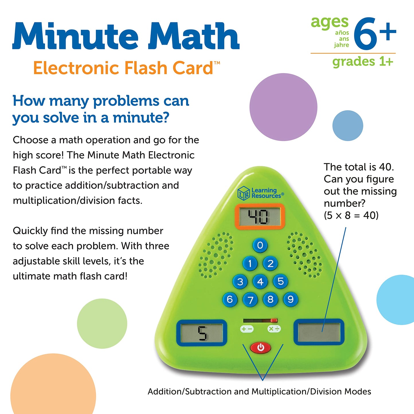 Learning Resources Minute Math Electronic Flash Card - Classroom Must Haves, Homeschool Supplies, Math Manipulatives, Multiplication Chart, Educational Toys for Toddlers, Back to School