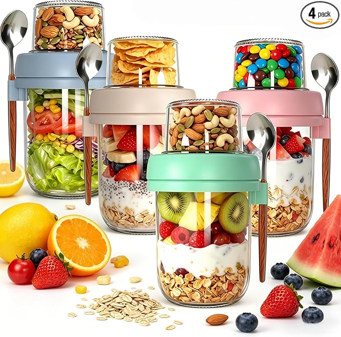 4 Pack Overnight Oats Containers with Lids and Spoons,16+4oz | Reusable Chia Pudding Jars with Dry and Wet Separation,Leak-Proof for Yogurt,Parfait Meal Prep, Dishwasher Safe
