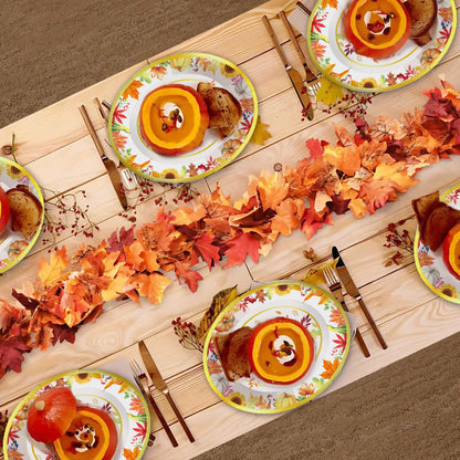 50PCS Autumn Harvest Party Plates Fall Pumpkin Themd Oval Plates Thanksgiving Maple Leaf Disposable Dinner Plates for Fall Gathering Party Decorations Holiday Festive Serving Trays and Platters