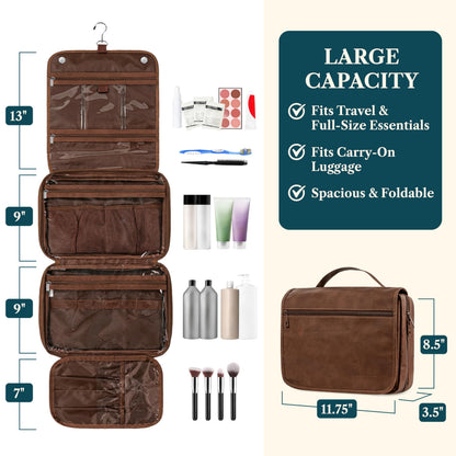 PAVILIA Hanging Toiletry Bag Women Men, Foldable Cosmetic Organizer Travel Bag, Water Resistant Makeup Bag Toiletries, Large Travel Essentials Kit (Dark Brown)