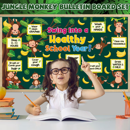 gisgfim Monkey Health Bulletin Board Set Healthy Habits Classroom Decoration Jungle Animal Paper Cutouts for Back to School Swing Into a Healthy School Year Tree Wall Chalkboard Decor Teacher Supply