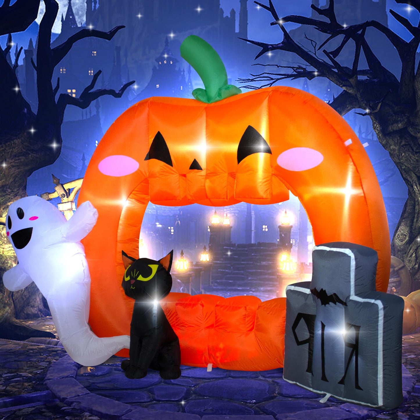 VENLOIS 7FT Halloween Inflatable Pumpkin Photo Frame with Tombstone Black Cat White Ghost,Built-in LEDs for Halloween Blow Up Indoor Decor, Cute Fun Holiday/Party/Yard/Garden Fantasy Party Display