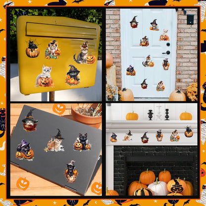 Cheerupp Halloween Cat Fridge Magnets, 12 Pieces Orange and Black Pumpkin Bat Refrigerator Magnetic Stickers Decals for Metal Door Locker Mailbox Car Decoration Supplies