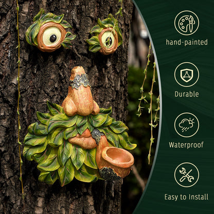Flytime Tree Face Decor Outdoor,Whimsical Outdoor Art with Bird Feeder,Tree Hugger Bark Ghost Face Decoration Funny Yard Art,Garden Creative Decoration (8 INCH)