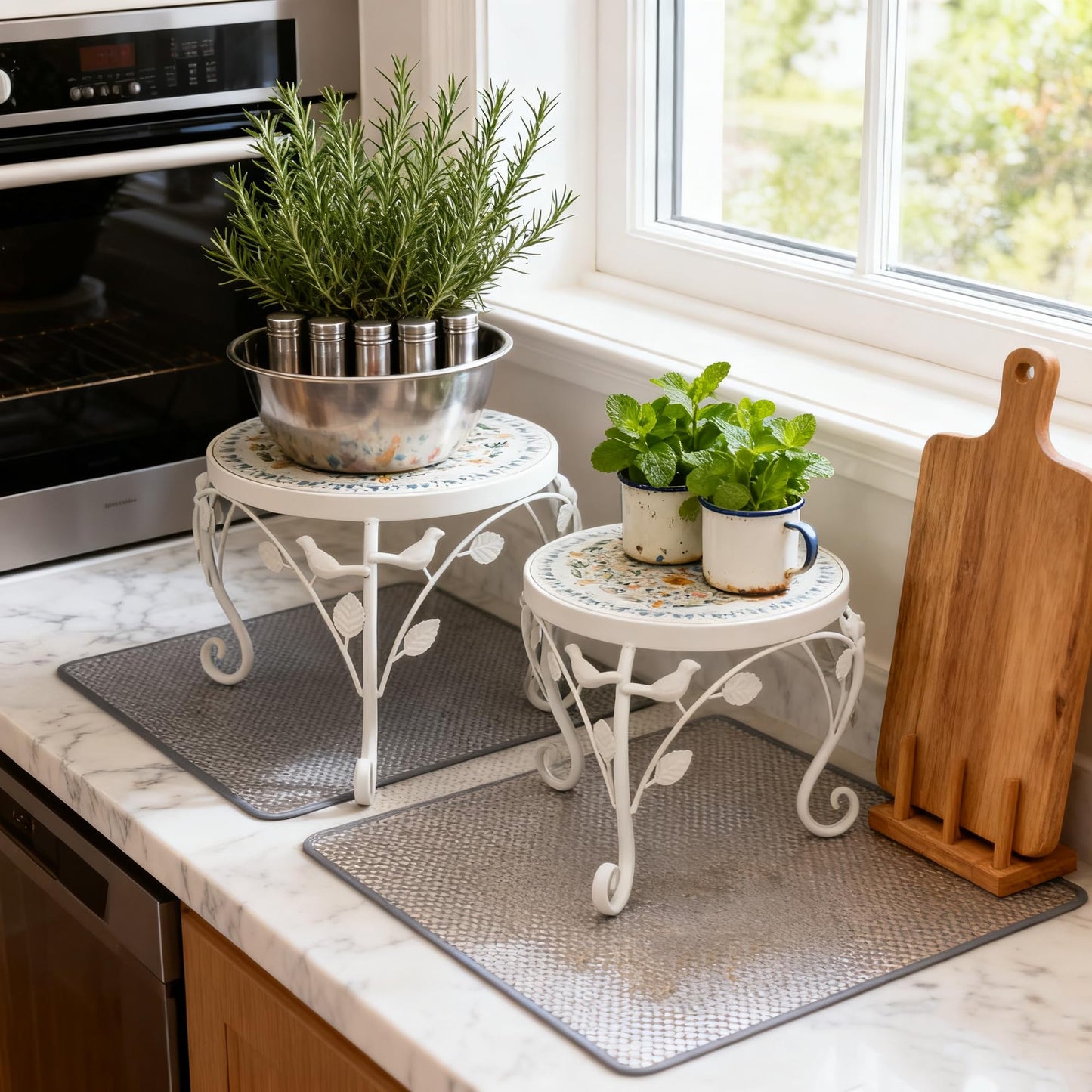 Rustic Metal Plant Stand Set of 2 Indoor & Outdoor Round Ceramic Top Mosaic Planter Pot Stand Low Heavy Duty Flower Holder Rack for Garden Patio Living Room Farmhouse Accessory Decor Gift White Flower Bird